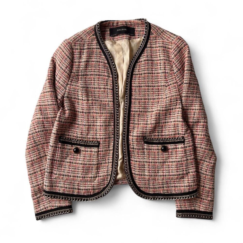 Zara Pink Beige Tweed Blazer With Button Pockets Size M